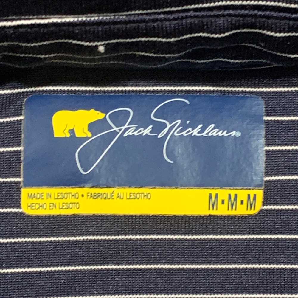 Jack Nicklaus Polo Shirt Mens Medium Navy Blue White Striped Golden Bear Golf